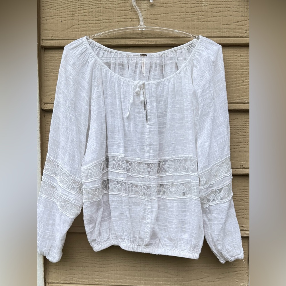 Free People Top Peasant Tie Neck Crochet Lace Trim Mauve Boho